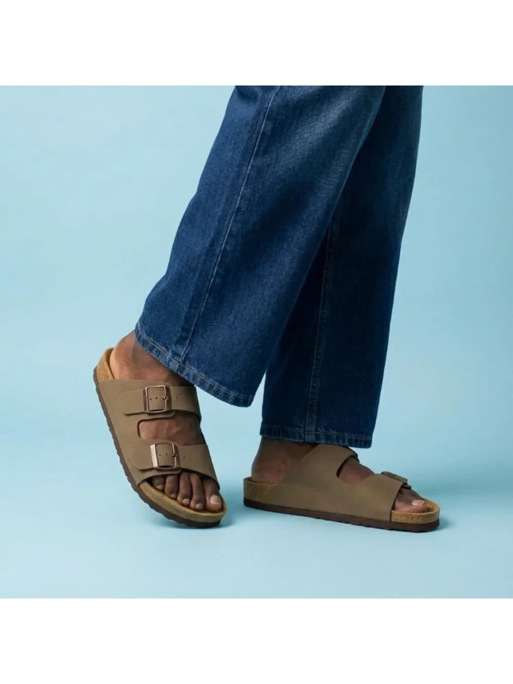 Men's Brown Lane Cork Footbed Sandals Adjustable Buckle Comfort Slides